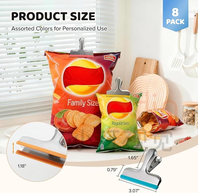 HOUSE AGAIN 8 Pack Stainless Steel Chip Bag Clips Covered with Silicone - NO More Sharp Edges - Color Coded for Food Bags - Air Tight Seal, Heavy Duty for Kitchen and Office, 3 Inches, Blue
