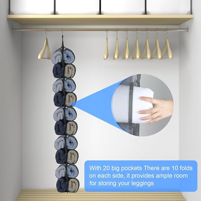 20-Pocket Hanging Legging Organizer for Closet Storage (Black) | Hang on closet rod, behind door, leggings, jeans, scarves neatly. Space-saving design for bedroom, dorm