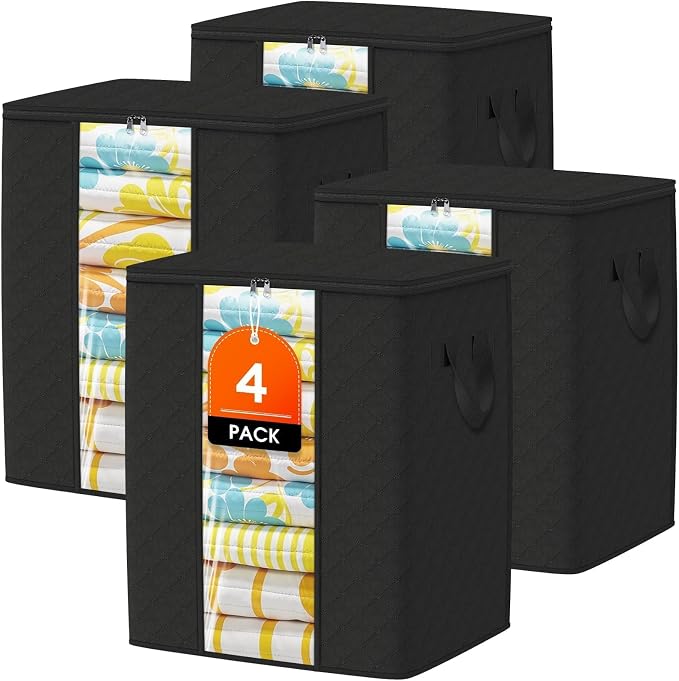 SpaceTrove Clothes Storage Bags, 4-Pack Comforter Blanket Organizers, 80L Large Capacity Containers with Visual Window for Clothing, Quilt, Sheet, Pillow, Closet Organization for Bedding (Black)