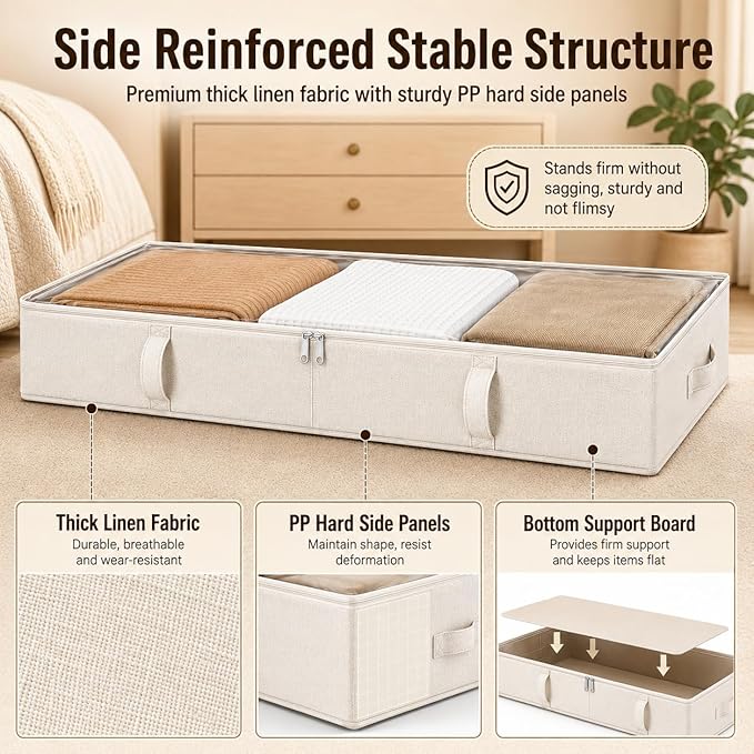 Vailando Side-Supported Under Bed Storage Containers, 6 Inches Tall 60L Underbed Storage Bins with Sturdy Handles and Sidewalls, Closet Organizer for Clothes, Blankets, Seasonal Items, Beige, 2-Pack
