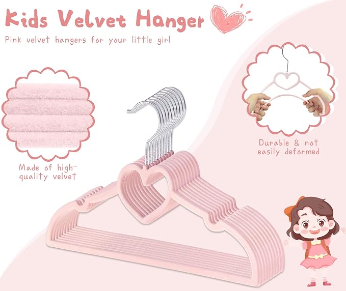 GOSCHE Baby Velvet Hangers 50 Pack, 11 inch Non Slip Kids Hanger for Infant & Toddler Clothes, Durable Ultra-Slim Closet Organizers, Pink, 50 Pack