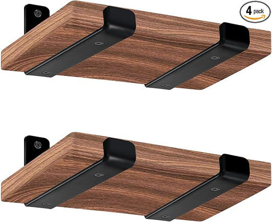 4 Pack - 5.5" L x 4" H x 1.5" W J Lip Shelf Brackets Rustic Farmhouse Iron Wall Floating Shelf Bracket Metal Shelf Bracket Industrial Shelf Supports with Screws Black