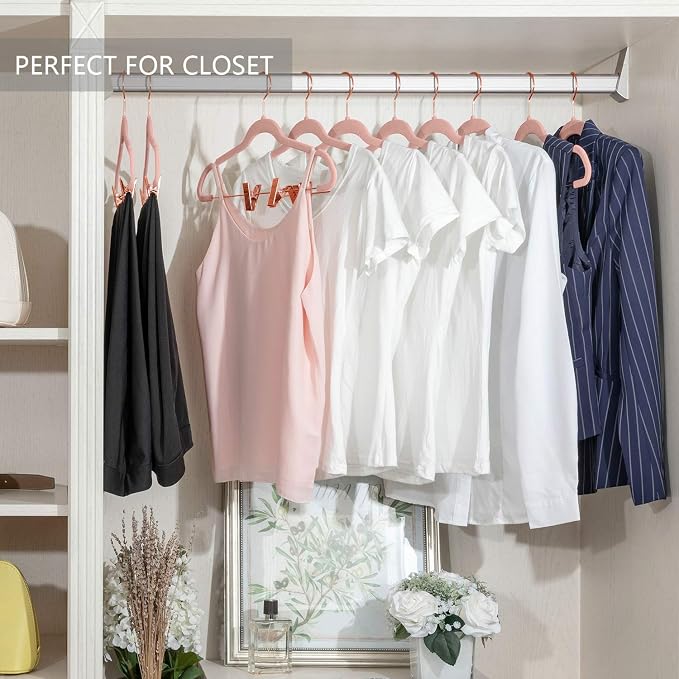 MIZGI Premium Velvet Pants Hangers with Clips (Pack of 20) Slim Skirt Hangers- Non Slip Felt Outfit Dress Hangers Blush Pink - Copper/Rose Gold Hooks,Space Saving Shirt Clothes Hangers
