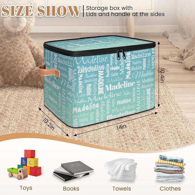 Custom Storage Basket with Name, Personalized Keepsake Box with Zipper Lid, Foldable Fabric Memory Bin Large capacity with Handle Grey Blue Green