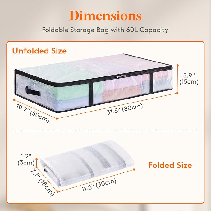 Lifewit 60L 4 Pack Under Bed Storage Containers Bins, Plastic Clothes Storage Bags Blanket Storage with Handle, Closet Organization for Comforters, Sheets, Clothes, Bedroom