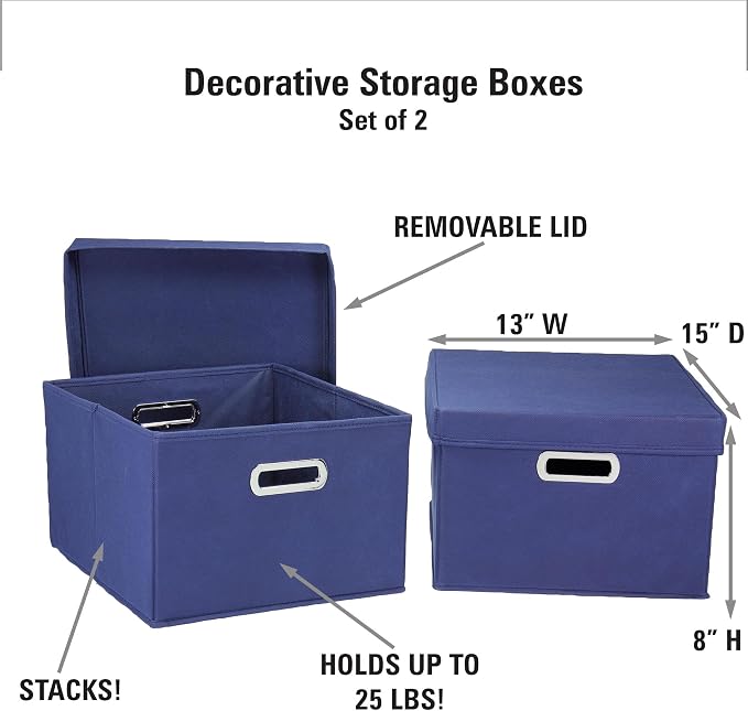 Household Essentials Fabric Storage Boxes with Lids and Handles, Blue (Pack of 8)
