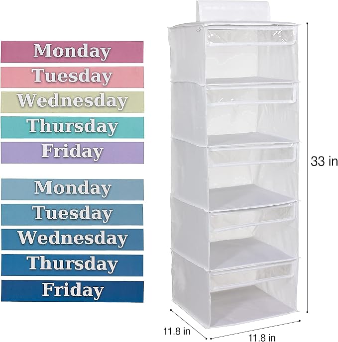 Three Sweet Peas Co Monday through Friday Hanging Weekly Clothes Organizer for Kids
