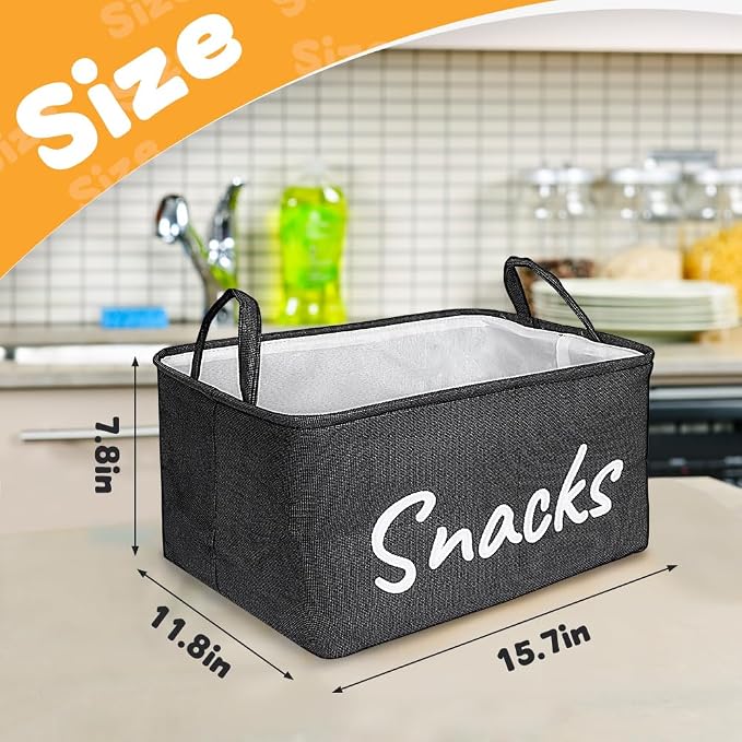 Snack Organizer Basket for Home Office: Snack Storage Bin for Pantry Shelf Countertop (Black)