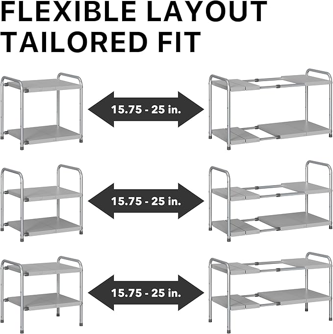 Simple Houseware Under Sink 2-Tier Heavy Duty Expandable Rack Organizer, Adjustable Width 15.75–25 Inches with 4 Shelf Height Levels, Silver