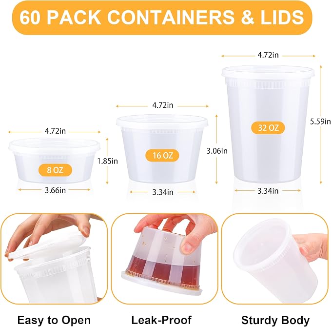 BYSNOW 60 Sets Deli Containers with Lids, 32/16/8 oz X 20 Set Each, Leak-Proof & BPA Free Airtight Stackable Takeout Plastic Food Storage Containers, Freezer/Microwave/Dishwasher Safe