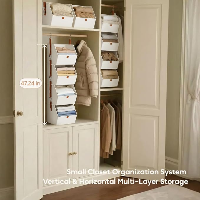 Homsorout Hanging Closet Organizer 4 Tier - Clothes Hanging Shelves, Space-Saving Closet System, Fabric Storage Bins Bedroom Organization, Collapsible Baskets for Home, Dorm, Rv, White, 8 Pack