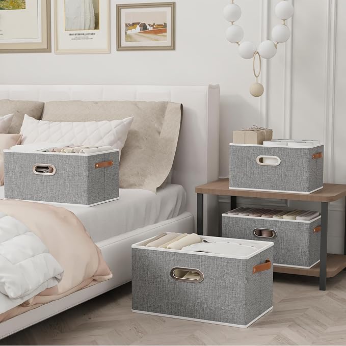 Yawinhe Fabric Storage Baskets, Foldable Closet Organizer for Shelves, Large Boxes with 3 Handles, Canvas Bins for Clothes, Grey, 12.99''Lx9.05''Wx7.87''H, 4-Pack