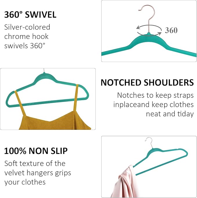VECELO Premium Velvet Clothes Hangers Suit Heavy Duty (100 Pack)-Non Slip & Space-Saving with 12 Finger Clips & 2Tie Rack Excellent for Men and Women,Teal