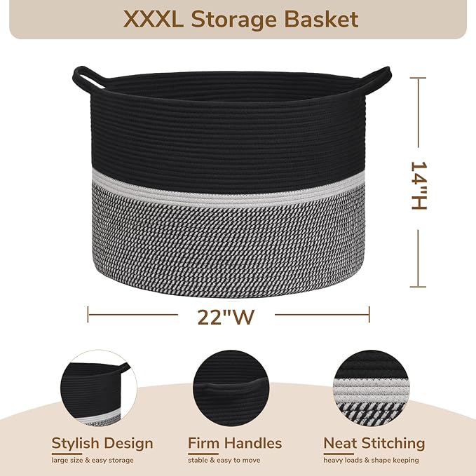 CHICVITA Extra Large Laundry Basket, Woven Rope Blanket Basket for Towels, Clothes, Toy Storage, Pillow Basket for Living Room, Family Room, 22 x 22 x 14 inches, Black