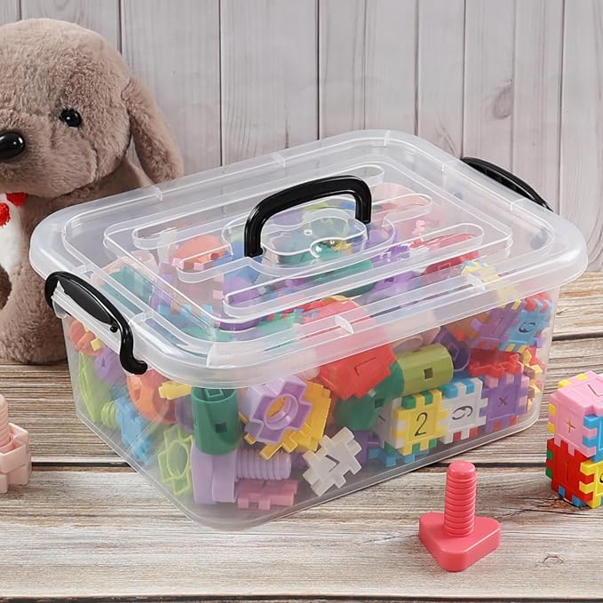 Quickquick 8 L Plastic Latching Box with Handle, Clear Storage Bins, 2-Pack | Stackable Latch Container Tote with Lid