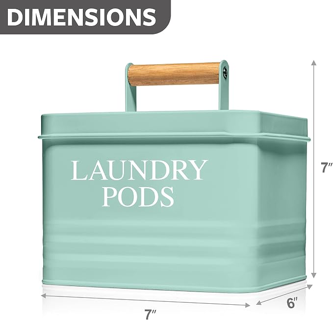 Calindiana Modern Farmhouse Metal Laundry Pods Holder Container with Lid for Laundry Room Decor and Accessories and Space Saving Organization and Storage, Holds 81 Laundry Pods, Mint
