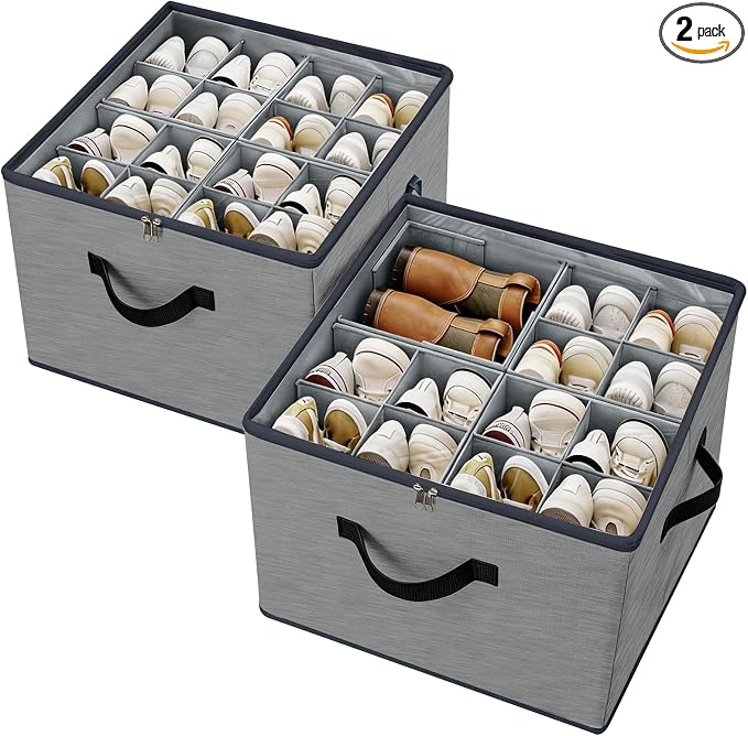 Adjustable Dividers Shoe Organizer Box 2 Pack – Clear Cover Shoe Storage Organizer for Closet, Holds 16-32 Pairs, Breathable Fabric, Foldable, Stackable, Perfect for Boots Sneakers Heels