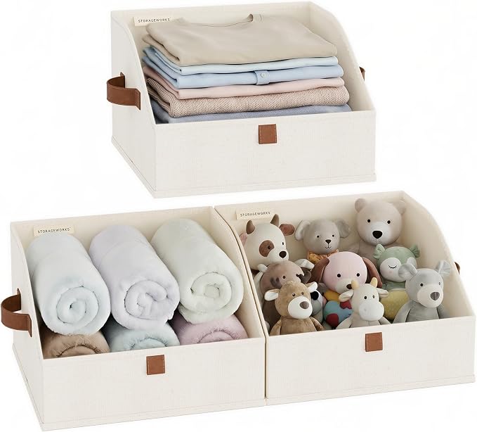 StorageWorks Closet Storage Bins, Trapezoid Organizer Box for Shelves, Fabric Clothes Bin, Foldable Organizing Baskets with Handles, Small, Ivory White, 3-Pack