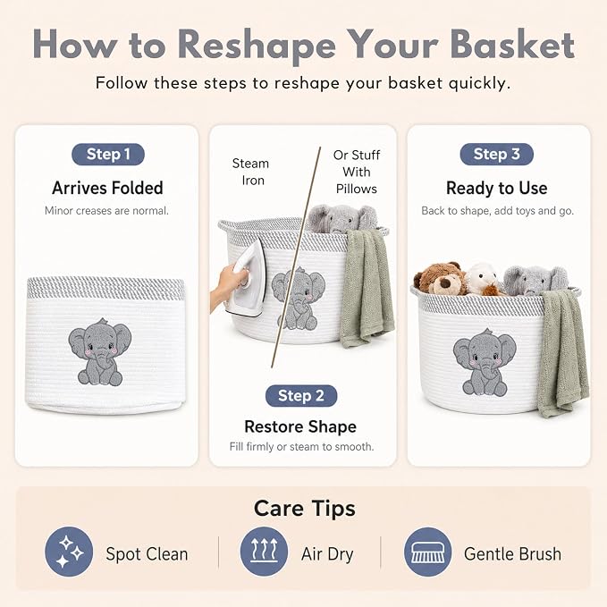 Elephant Nursery Storage Basket, Cotton Rope Toy & Blanket Organizer Bin