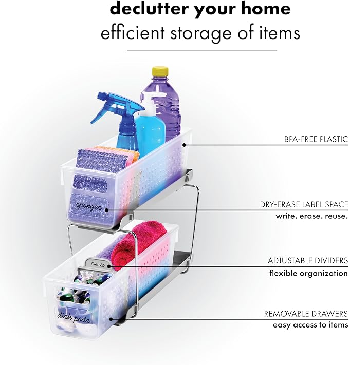 madesmart Mini 2-Tier Organizer, Multi-Purpose Slide-Out Storage with Handles and Dividers for Home and Bath, Frost