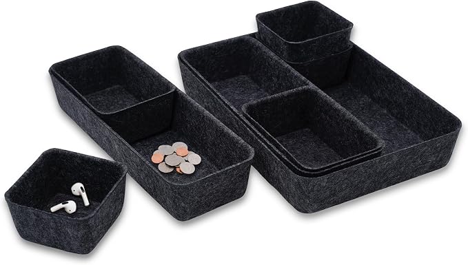 Welaxy Minimalist Felt Desk Drawer Organizer 8-Piece Charcoal Storage Bins