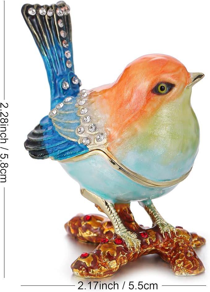 Hand Painted Enamel Robin Bird Trinket Box for Home Decor, Hinged Jewelry Organizer for Ring Earrings, Unique Figurine Keepsake Collectible Personalized Handmade Ornament Gifts (Multi-Sparrow)