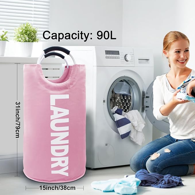 Mziart Large Laundry Basket with Padded Handles, 90L Pink, Oxford Fabric Laundry Hamper Tall Laundry Bag Clothes Hamper Storage Organizer for Bedroom Bathroom College Dorm, Collapsible and Waterproof