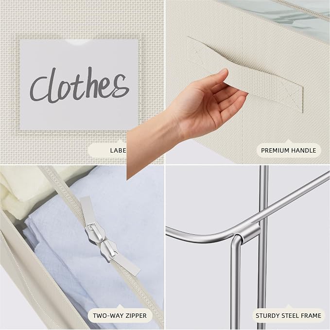 CYhom Under Bed Storage Bins Frame Storage Box Oxford Fabric Sturdy Underbed Container Foldable Stackable Large Capacity Clothes Organizer (Beige, 23.6" x 19.7" x 6.3")