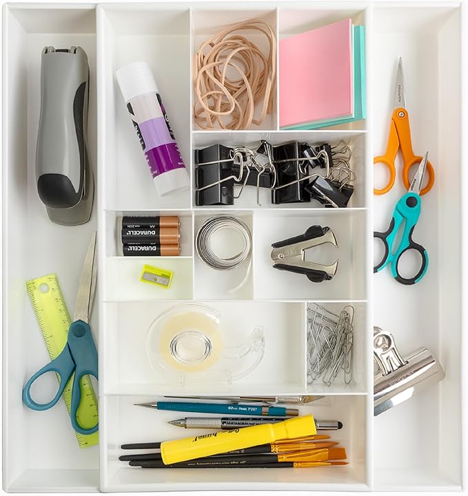 Dial Industries Expandable Junk Drawer Desk Organizer Storage Tray | Adjusts to fit narrow or wide drawers, Keeps pens, tools and small items separated, Great for desks, offices or kitchens