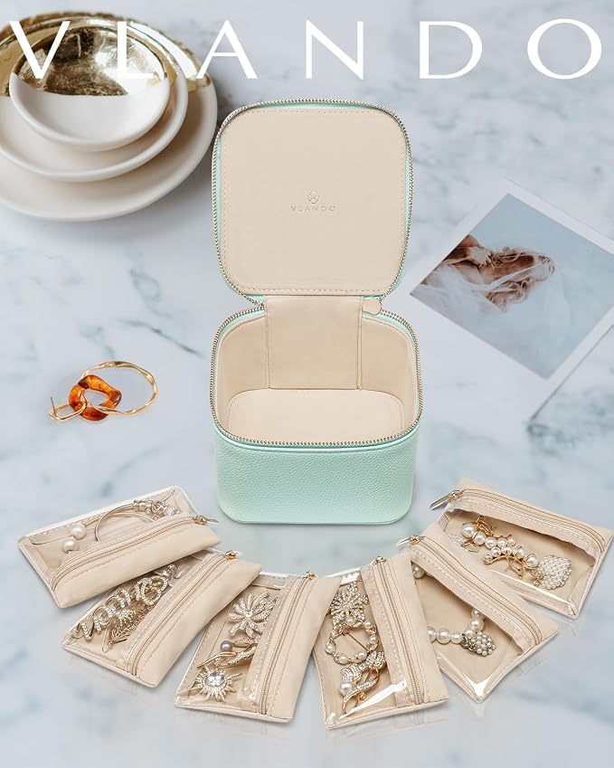VLANDO Travel Jewelry Box,Jewelry Travel Case with 6 Velvet Jewelry Zipper Pockets Travel Jewelry Organizer for Ring Bracelet Christmas Wedding Birthday Gifts for Wife Daughter Lake Blue