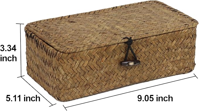 Wicker Basket with Lid, Natural Seagrass Storage Baskets for Organizing, Woven Basket for Storage, Decorative Boxes Bins with Lids Home Organizer Decor (Black, 9.05" x 5.11" x 3.34")