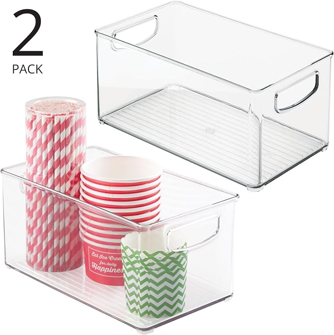mDesign Plastic Kitchen Organizer - Storage Holder Bin with Handles for Pantry, Cupboard, Cabinet, Fridge/Freezer, Shelves, Counter - Holds Canned Food, Snacks - Ligne Collection - 2 Pack - Clear