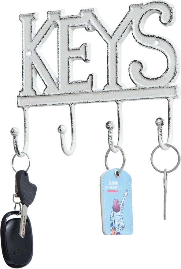 FairyCity Keys Holder for Wall Metal Vintage Keys Hook Organizer- Home Decor Key Hanger Rack Decorative with 4 Hooks,18 * 15cm White