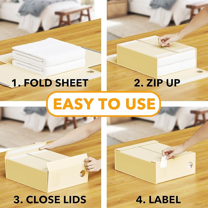 SpaceAid 12 Pack Bed Sheet Organizers and Storage, Foldable Organizer for Linen Closet, Set Folder Keeper With Window XL (Queen & King Size) Bedding Container (Beige)