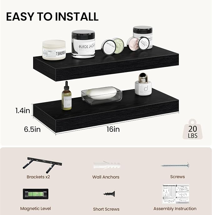 Vivelove 16 Inch Floating Shelves Wall Mounted for Display, 6.5 Deep Duty Shelves with Invisible Brackets for Living Room,Bedroom,Kitchen, Bathroom Storage & Decor,16" Wx6.5 Dx1.4 H - Black