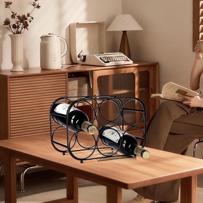Countertop Wine Rack - 6 Bottle Freestanding Modern Black Metal Small Wine Rack - Tabletop Wine Holder Stand for Cabinet, Pantry, Wine Bottle Storage
