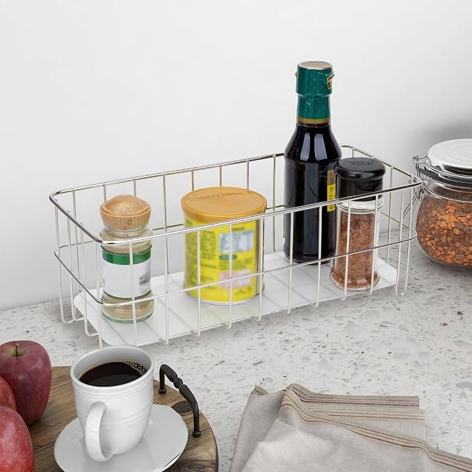 HANZE [Set of 3] Small Metal Wire Storage Organizer Basket Bins, Baskets for Household Purposes - Silver
