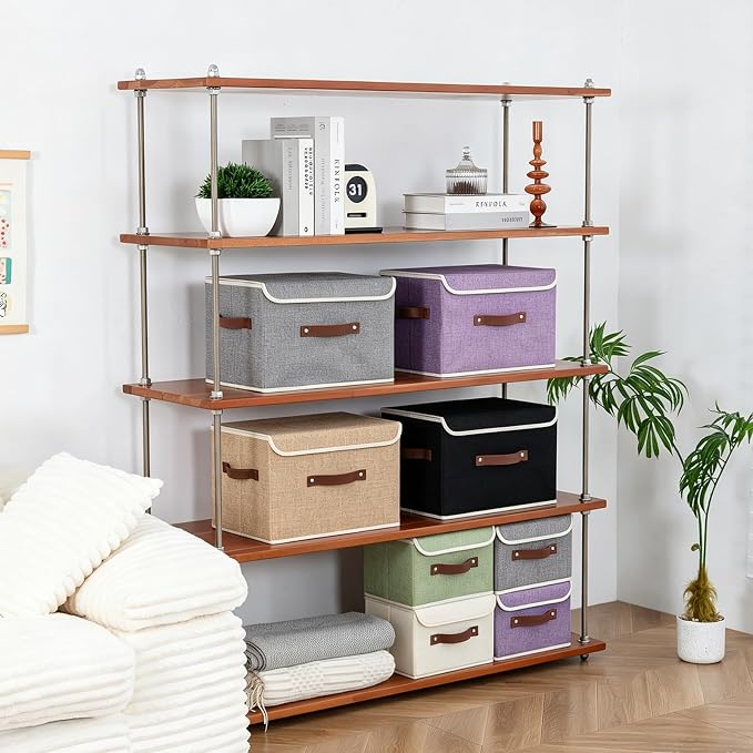 2PCS Collapsible Storage Boxes Baskets with Lid Cotton Linen Fabric Storage Bins with Faux Leather Handles Washable Cube Organizer Container for Home Closet Bedroom (Linen, Small Size)