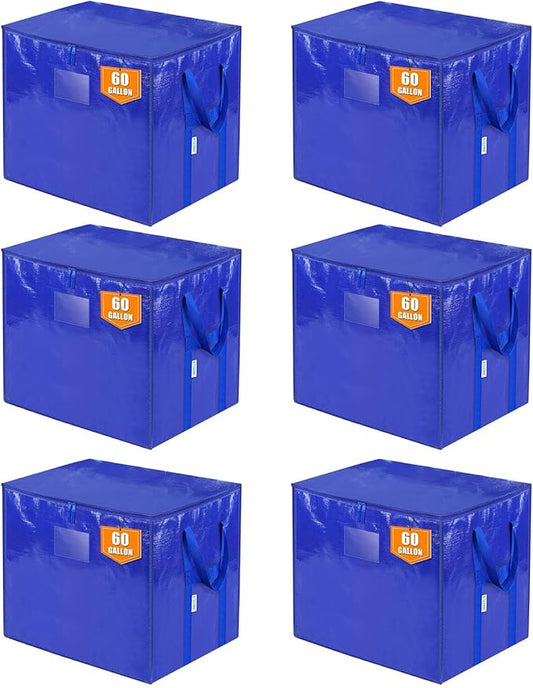 TICONN 6 Pack Extra Large Moving Bags with Zippers & Carrying Handles, Heavy-Duty Storage Tote Moving Boxes for Space Saving (6 PK, 60 Gallon)