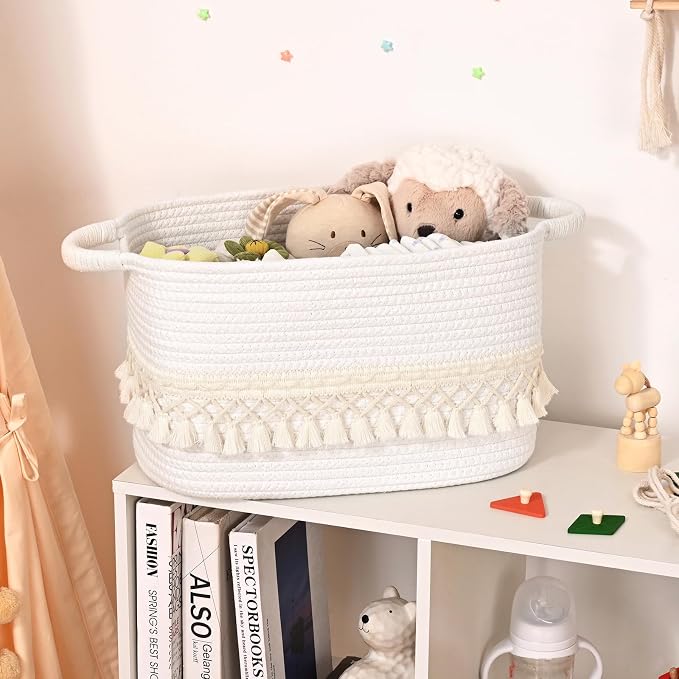 3 Pack Storage Basket for Shelves, Boho Cotton Rope Storage Bins with Heavy Tassel, Shelf Baskets Large Woven Baskets for Organizing, Cube Organizer Bins, Baby Laundry Basket for Clothes, Toys, Pets