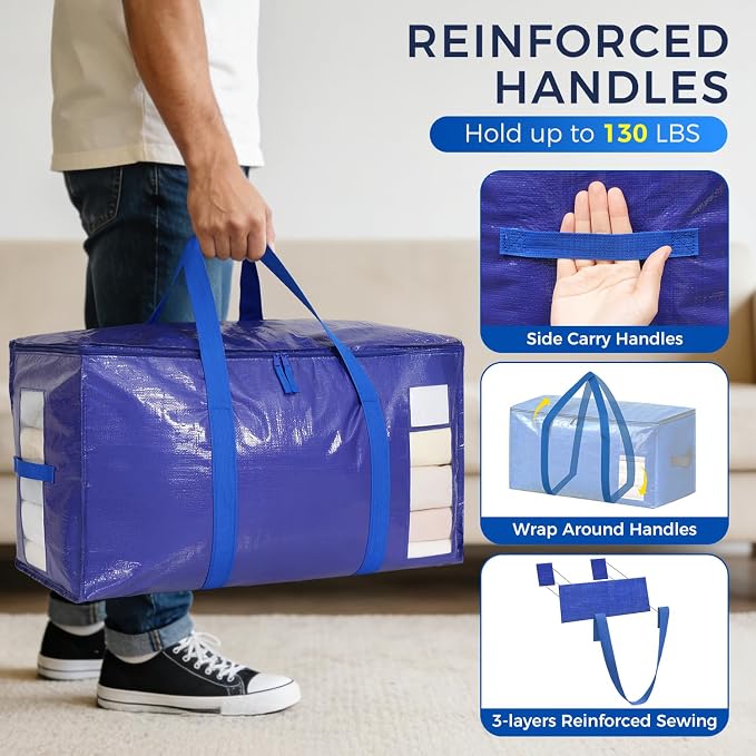 BAGAIL Heavy Duty Moving Bags with Strong Handle, Extra Large Moving Boxes, Storage Tote for Clothes, College Moving Supplies(6 Pack, Blue-windows)
