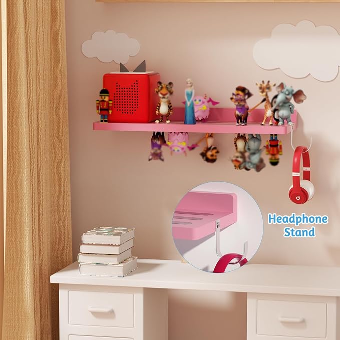 for Tonies Shelf Magnetic - 1 Tier Wooden Tonies Figure Organizer, Pink | Tonies Box Holder, Magnetic Display Shelf for Kids Room, Wall Floating Shelves Toy Storage Compatible Charging Station