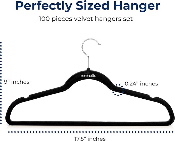 SereneLife Velvet Hangers – 100 Pack, Slim & Space Saving for Closets | Soft Velvet Grip Prevents Slipping On Silk, Satin & Knitwear – 360° Swivel Hook Fits All Standard Closet Rods