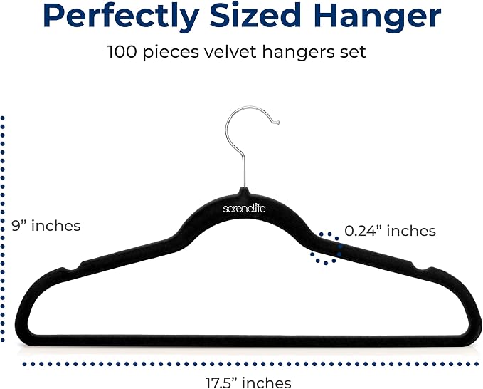 SereneLife Premium Non-Slip Velvet Hangers - Space Saving Heavy Duty Slim Suit Clothes Hanger Set with 360 Degree Swivel Metal Hook, Can Hold Up to 10 Lbs. For Coats, Jackets, Pants & Dress (100-Pack)