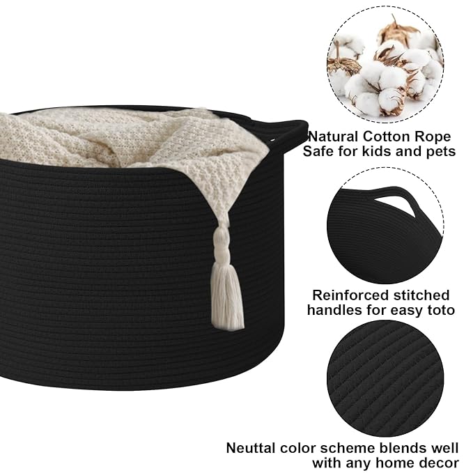 65L Large Blanket Basket,Woven Rope Laundry Basket Hamper with Handles,Decorative Nursery Basket Storage Bin for Toys, Pillows , Clothes Organizer, Living Room, Bedroom, Bathroom, Black
