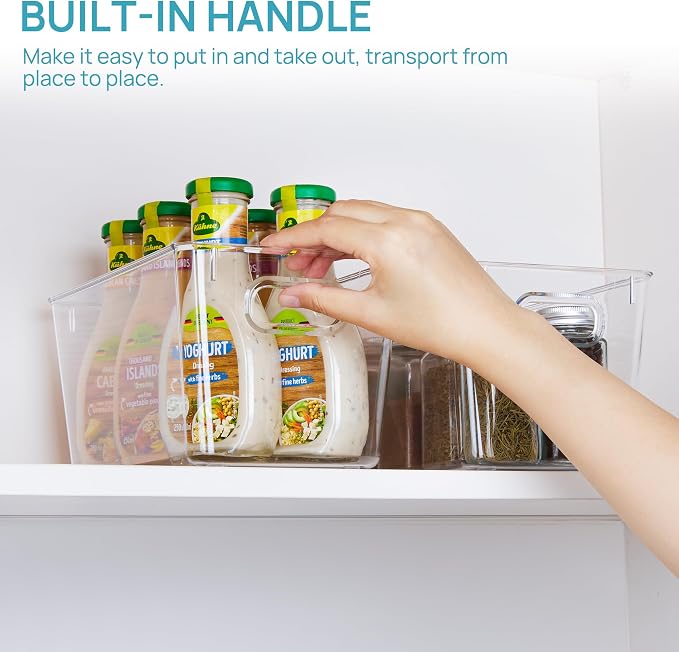 Vtopmart Clear Plastic Storage Bins, 2 PCS Pantry Organizer Bins with Handle for Refrigerator, Fridge, Cabinet, Kitchen, Countertops, Cupboard, Freezer Organization and Storage, Medium