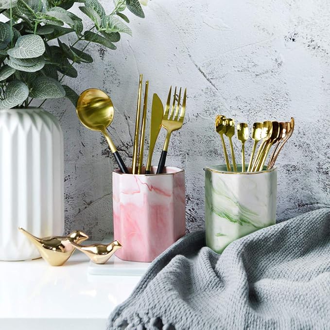 Pencil Holder, Pencil Cup for Desk, Makeup Brush Holder Cup, Cute Pencil Stand Marble Decorative for Kids Durable Ceramic Desk Organizer for Office, Classroom, Home, Antique Green Marble