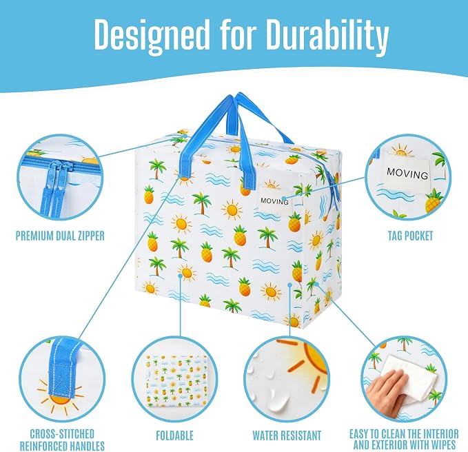 VENO 4 Pack Heavy Duty Moving Bags, Storage Bags, Packing Supplies, Top Zipper, Storage Totes for Camping, Clothes, Bedding, Comforters, Pillows (13 Gallon, Tropical Island, 4 Pack)