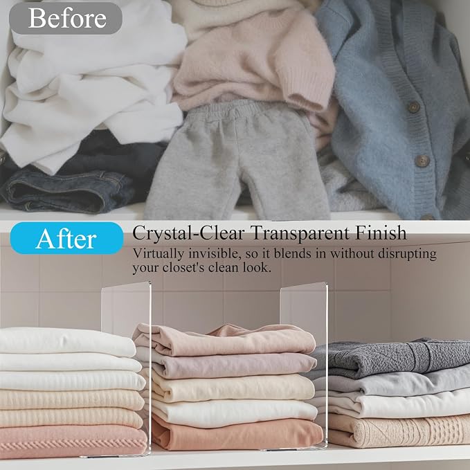 Clear Acrylic Shelf Dividers Closet Organizers for Organization Enthusiasts | 12" Tall Closet Shelf Dividers for Clothes Purse Towel - Sturdy Shelf Separators for Bedroom Kitchen Office Space Saver