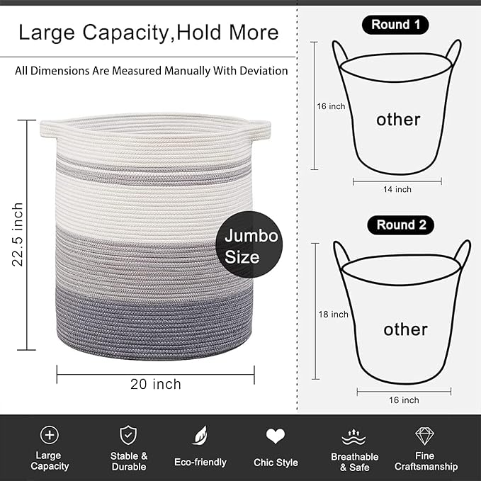 OIAHOMY 120L Laundry Baskets Hamper with Handles, Decorative Basket for Living room, Woven Storage Basket for Toys Bin,Pillows, Blankets, Clothes-20x22.5in-Gradient Grey